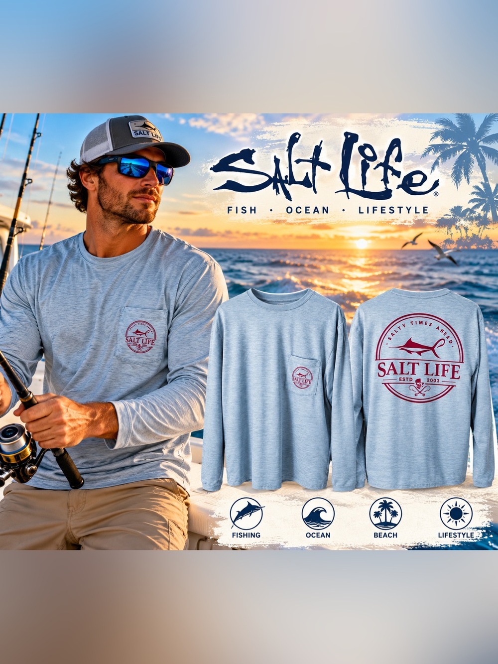 Salt Life SLX Men’s M Bluish Gray Salty Times Ahead Performance Fishing Shirt